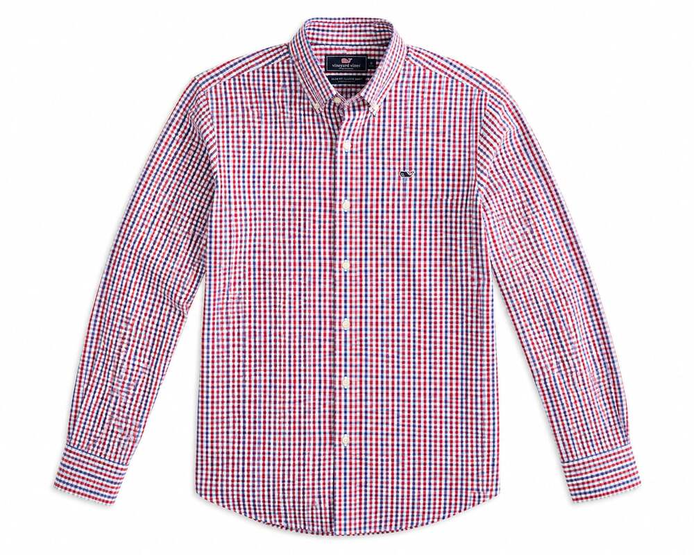 Vineyard Vines Boys Youth 12-14 Gingham Plaid Red White Blue Button Down Shirt